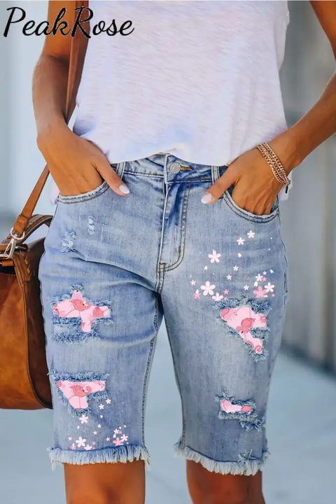 Flamingo Ripped Bermuda Denim Shorts