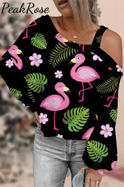 Flamingos Flowers And Plant Off-Shoulder Blouse