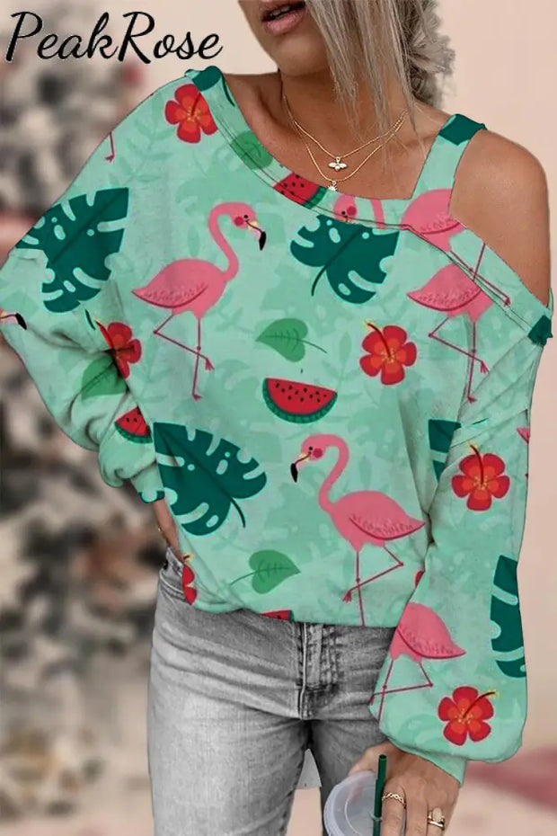 Flamingos Flowers And Plant Off-Shoulder Blouse