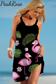 Flamingos Flowers And Plant Pattern Beach Sleeveless Dress S / Black