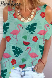 Flamingos Flowers And Plant Pattern Cold Shoulder T-Shirt S / Green