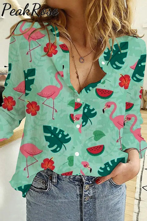 Flamingos Flowers And Plant Pattern Long Sleeve Shirt S / Green Women