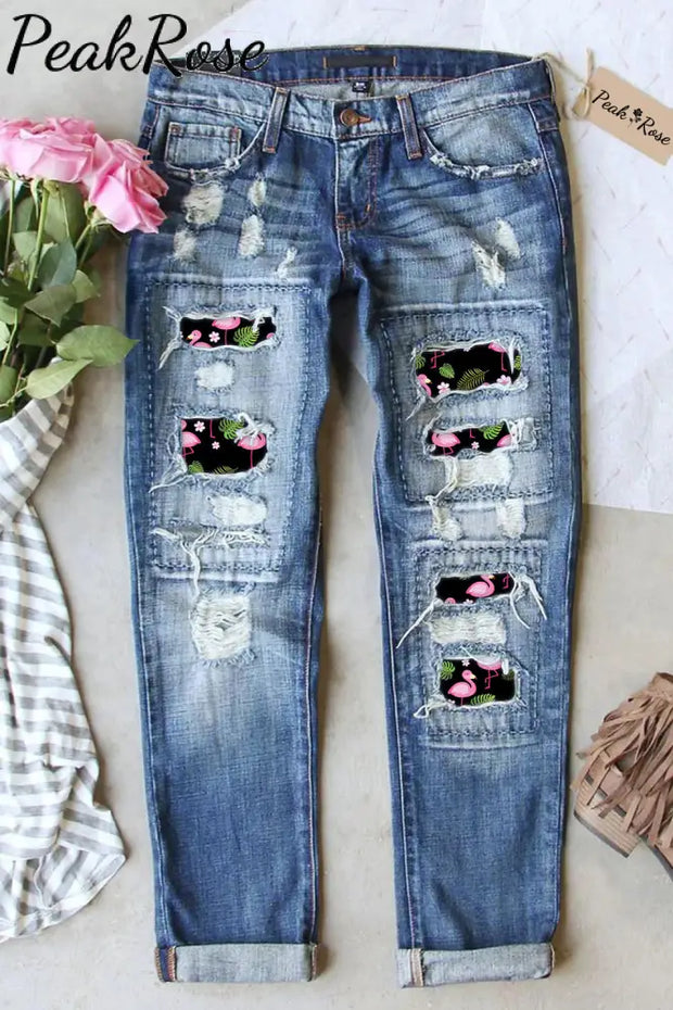 Flamingos Flowers And Plant Pattern Ripped Denim Jeans