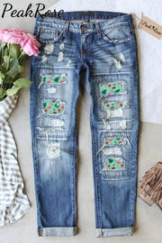 Flamingos Flowers And Plant Pattern Ripped Denim Jeans