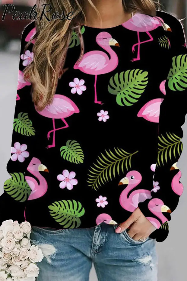 Flamingos Flowers And Plant Pattern Sweatshirt S / Black