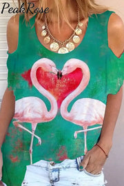 Flamingos Print Green Cold Shoulder T-Shirt