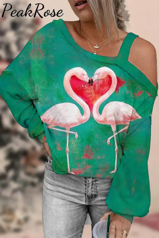 Flamingos Print Green Off-Shoulder Blouse