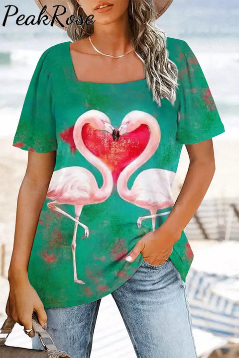 Flamingos Print Green Square Neck T-Shirt T-Shirt