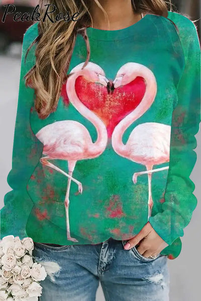 Flamingos Print Green Sweatshirt S /