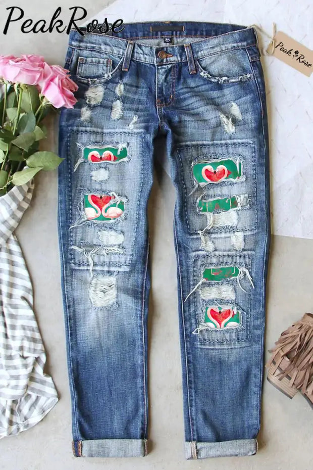 Flamingos Print Ripped Denim Jeans