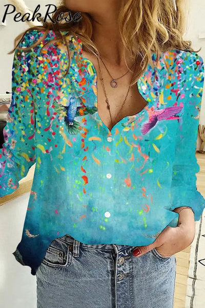 Floral Birds Leaf Paintings Long Sleeve Shirt S / Photo Color Women