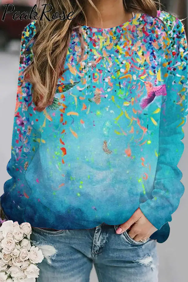 Floral Birds Leaf Paintings Round Neck Long Sleeve Sweatshirt S / Photo Color