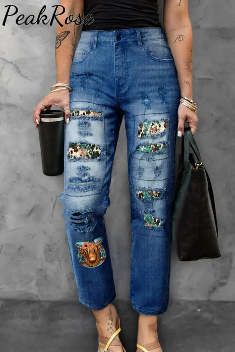 Floral Long Hair Shaggy Cow With Horseshoe Western Leopard Print Ripped Denim Jeans