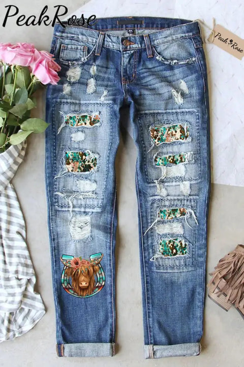 Floral Long Hair Shaggy Cow With Horseshoe Western Leopard Print Ripped Denim Jeans S