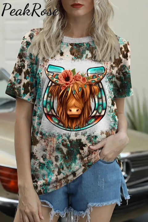 Floral Long Hair Shaggy Cow With Horseshoe Western Leopard Print Round Neck T-Shirt Photo Color / S