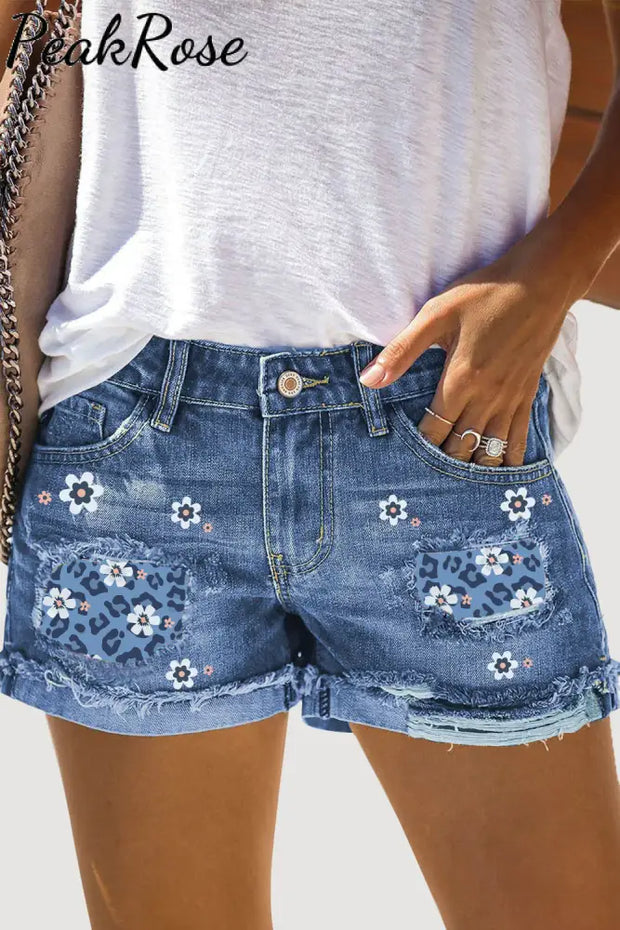 Floral Print Denim Shorts Jeans