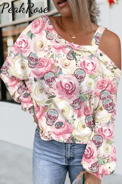 Floral Skull Off-Shoulder Blouse S / Pink