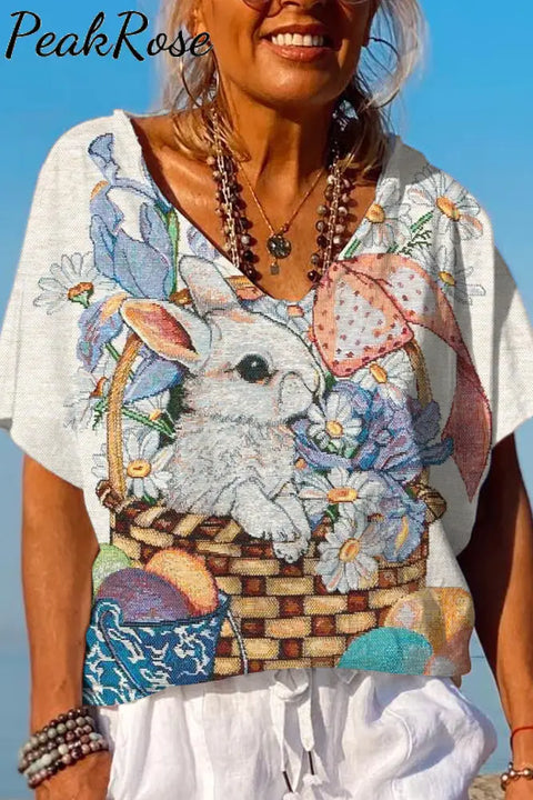 Flower Basket Egg Gift Rabbit Dolman Sleeves Tee