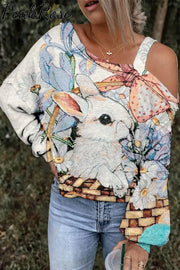 Flower Basket Egg Gift Rabbit Off-Shoulder Blouse