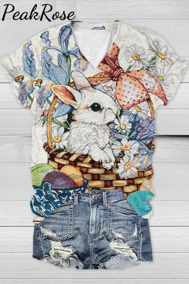 Flower Basket Egg Gift Rabbit V Neck T-Shirt T-Shirt