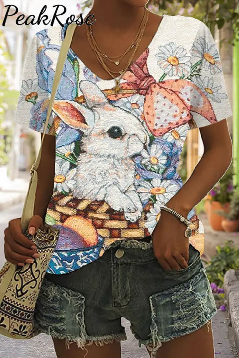 Flower Basket Egg Gift Rabbit V Neck T-Shirt T-Shirt