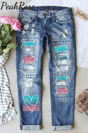 Fluorescent Blue Pink Gradient Heart Love Jeans