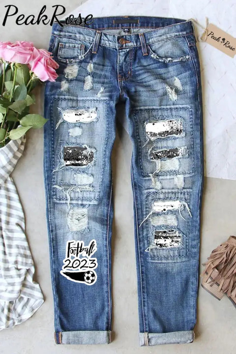 Football 2023 Black & White Ink Print Ripped Denim Jeans