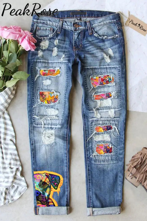 Forever In Love With Dogs Vintage Oil Painting Abstract Cute Style Ripped Denim Jeans