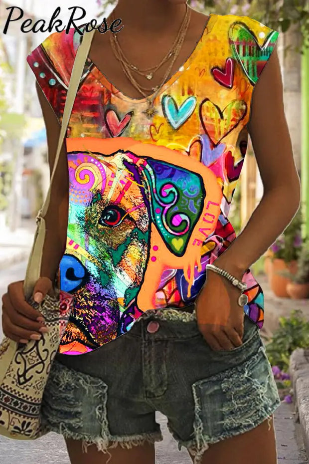 Forever In Love With Dogs Vintage Oil Painting Abstract Cute Style V-Neck Tank Top V-Neck