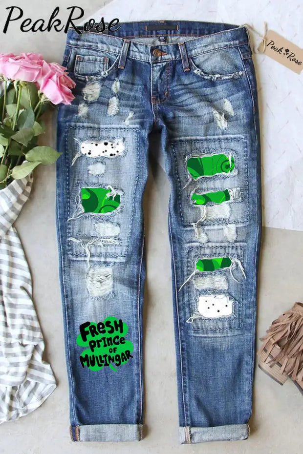 Fresh Prince Of Mullingar Lucky Clover Spot Full Print Ripped Denim Jeans