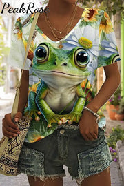 Frog Flower Print Tie-Dye V Neck T-Shirt T-Shirt