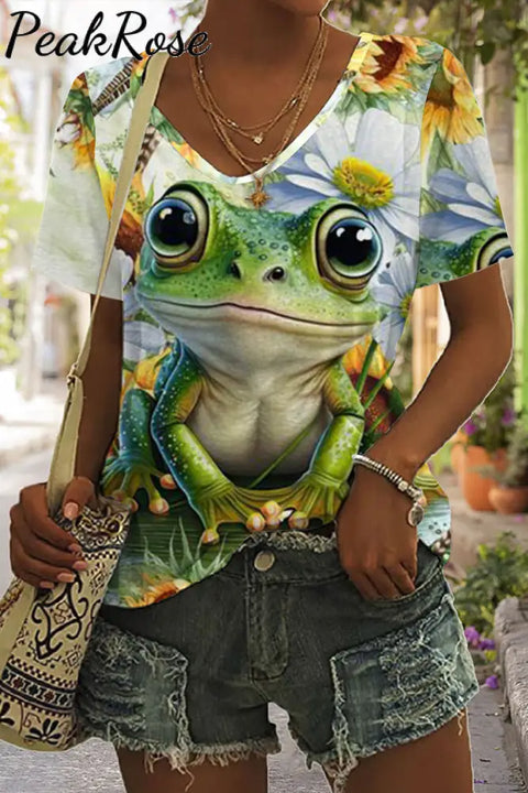 Frog Flower Print Tie-Dye V Neck T-Shirt T-Shirt