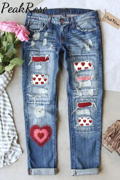 Full Love Glitter Overlapping Heart Jeans