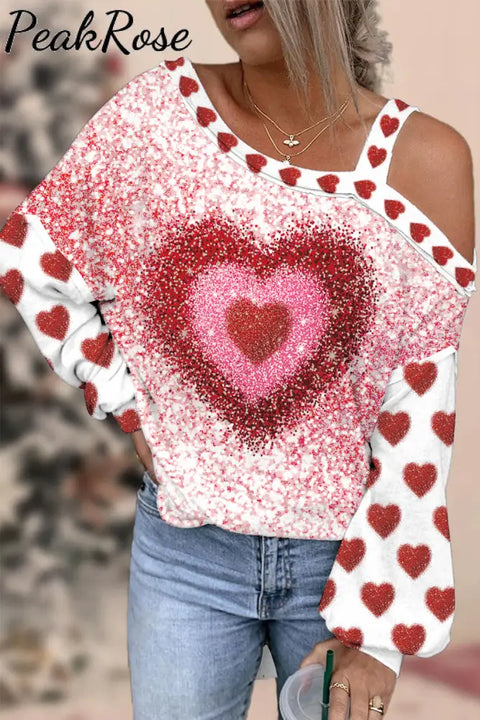 Full Love Glitter Overlapping Heart Off-Shoulder Blouse