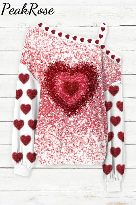 Full Love Glitter Overlapping Heart Off-Shoulder Blouse