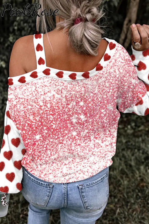 Full Love Glitter Overlapping Heart Off-Shoulder Blouse