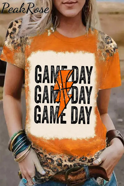 Game Day Basketball Lightning Bolt Print Bleached T-Shirt S / Orange T-Shirt