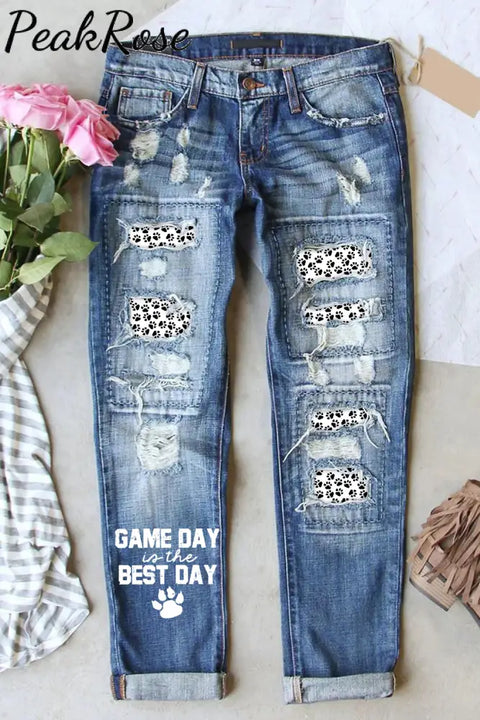 Game Day Is The Best & Pets Paw Basketball Pattern Ripped Denim Jeans