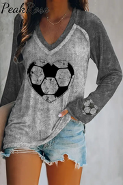 Game Day Retro Love Heart Soccer Print V Neck Short Sleeve T-Shirt