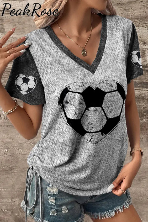 Game Day Retro Love Heart Soccer Print V-Neck T-Shirt T-Shirt