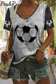 Game Day Retro Love Heart Soccer Print V-Neck T-Shirt T-Shirt