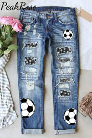 Game Day Soccer Ball And Leopard Printed Ripped Denim Jeans