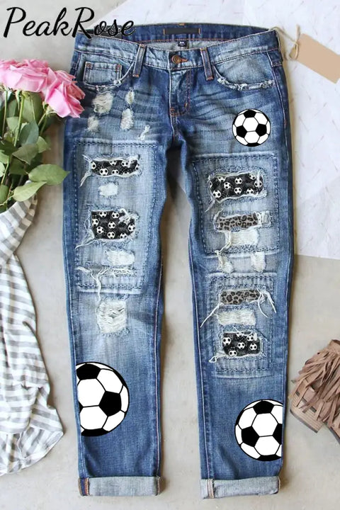 Game Day Soccer Ball And Leopard Printed Ripped Denim Jeans S