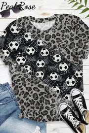 Game Day Soccer Ball And Leopard Printed Round Neck Short Sleeve T-Shirt