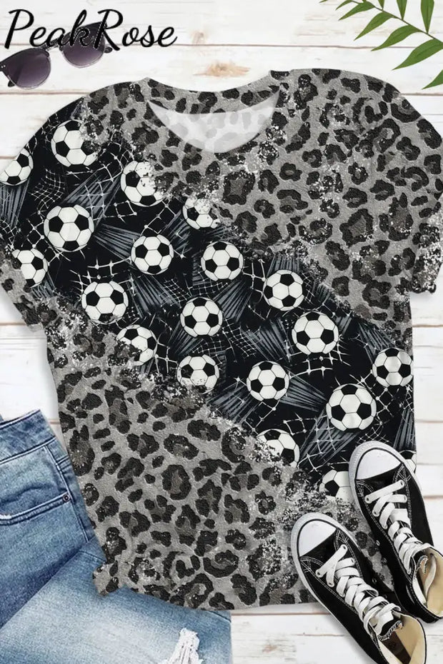 Game Day Soccer Ball And Leopard Printed Round Neck Short Sleeve T-Shirt S / Photo Color