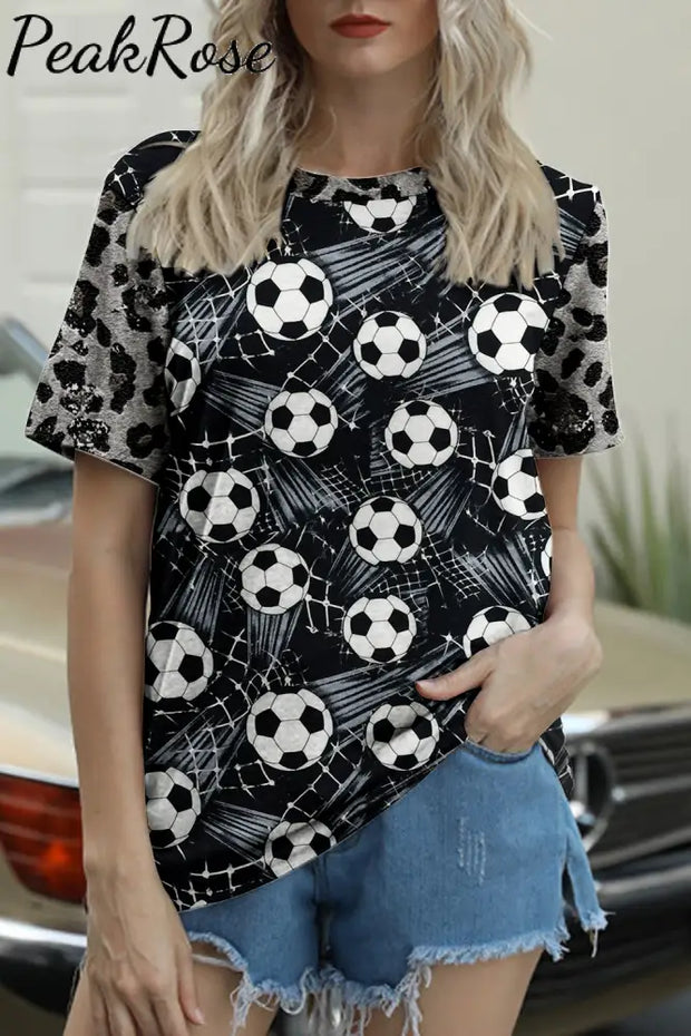 Game Day Soccer Ball And Leopard Printed Round Neck T-Shirt T-Shirt