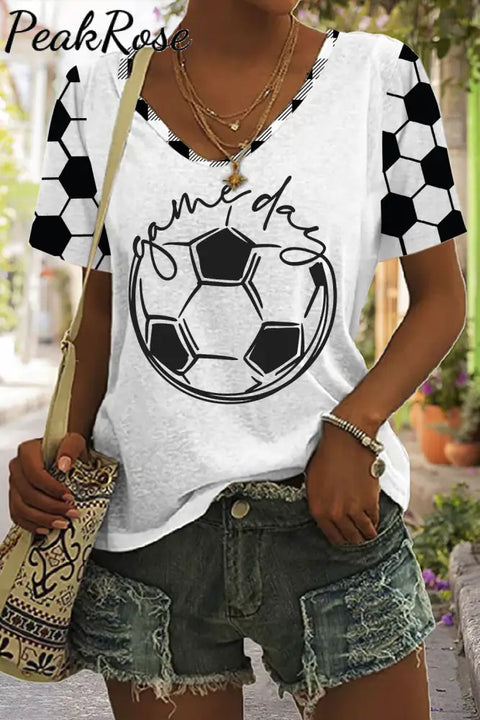 Game Day Soccer Ball Plaid Print V-Neck T-Shirt T-Shirt