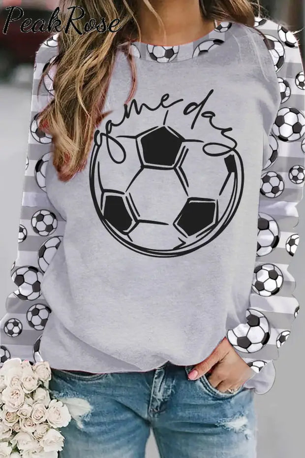 Game Day Soccer Ball Striped Print Sweatshirt S / Grey