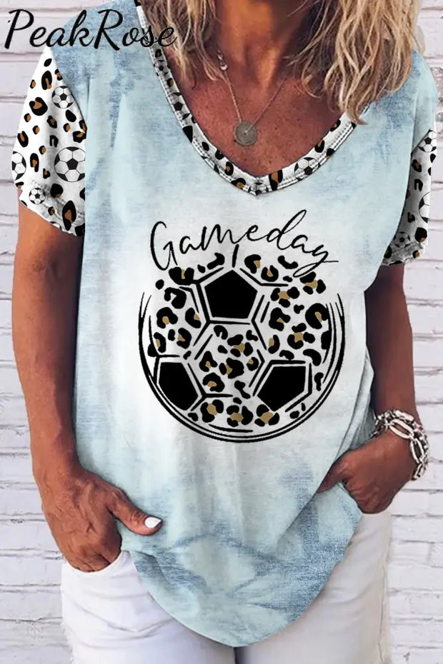 Game Day Soccer & Leopard Pattern Fold V Neck Loose T-Shirt