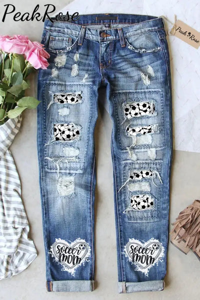 Game Day Soccer Mom Glitter Heart Pattern Ripped Denim Jeans